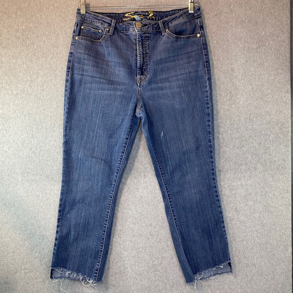 Seven7 Straight Leg Jeans Women Sz 14 Raw Hem High Rise Denim Stretch Boho *FLAW